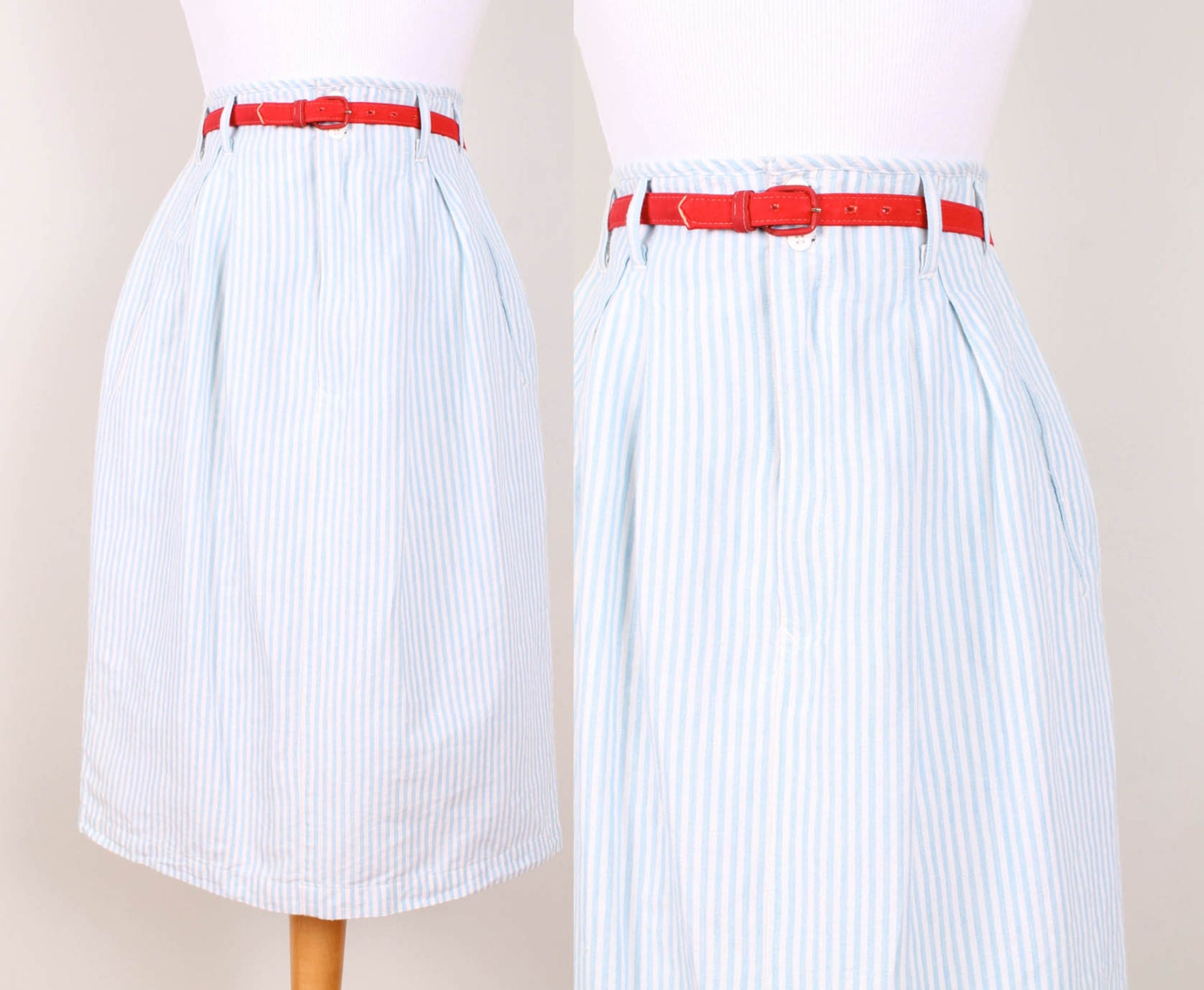 1980s High Rise Seersucker Skirt - Womens L - Blue & White Striped Cotton High Waisted Pleated Summer 80s Skirt Stripes Knee Length