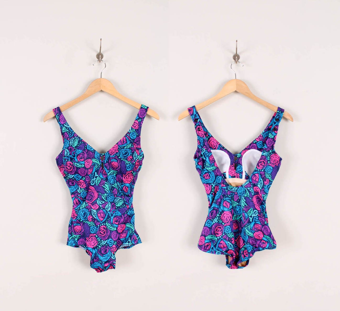 1960s Bathing Suit - Womens M / L - One Piece Swimsuit 60s Floral Peekaboo Maxine of Hollywood Purple Hot Pink Green Blue Flower Pattern