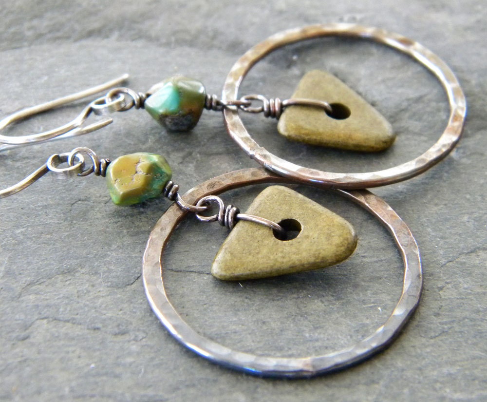 Olive Green Turquoise Copper Hoop Earrings Natural Organic Gemstone Circle Links Ceramic Triangle Long Dangle Bohemian Artisan Jewelry