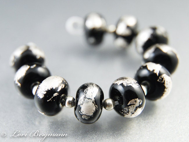 Silver and Black Handmade Glass Spacer Beads, Gilded Metallic, SRA Lampwork