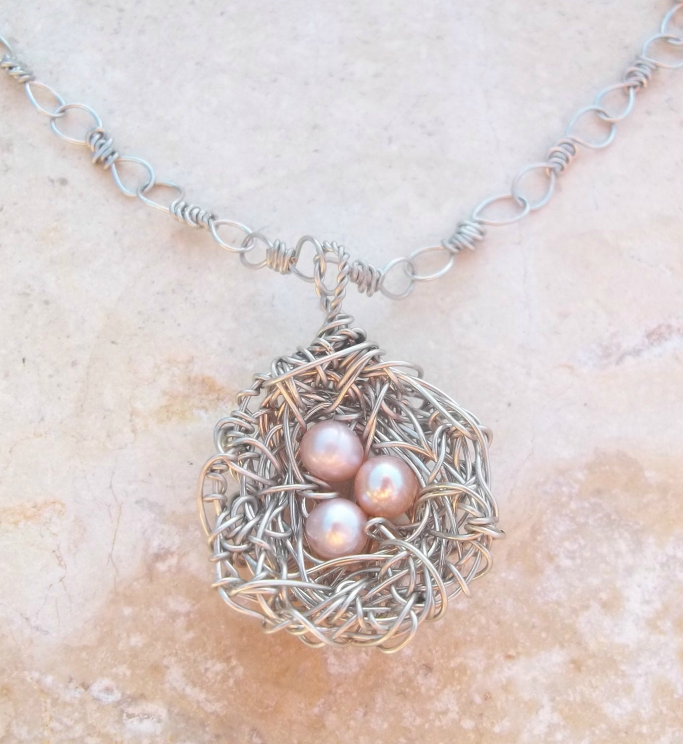 Messy Silver Wire Bird's Nest Pendant With 3 Light Pink Pearl "Eggs"