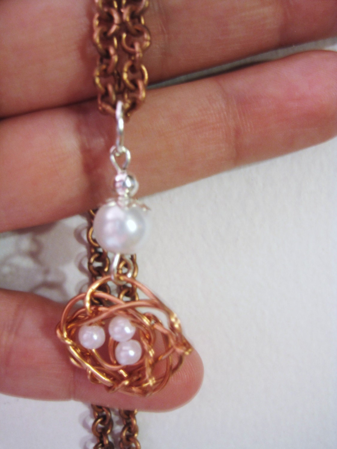 CLEARANCE - Necklace - Wire Wrapped Copper Bird's Nest and Faux Pearls - "Something About Us"