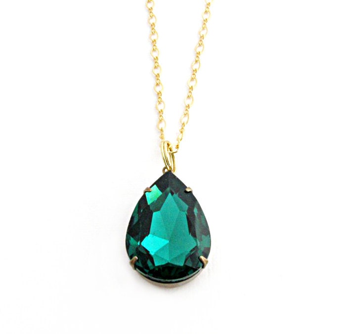 Emerald Green Necklace Green Rhinestone Necklace Vintage Green Pendant May Birthstone Bridesmaid Necklace - Ava in Emerald