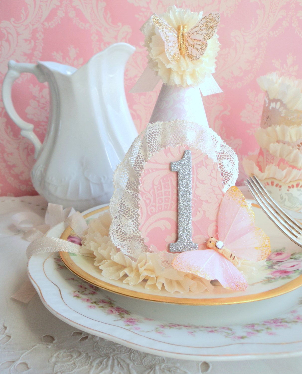 Beautiful Baby. Pink Damask Birthday Hat with Butterflies and Glitter Number