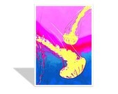 Jellyfish photo greeting card / watercolor effect / psychedelic colors /neon pink monaco blue sizzling yellow / aquarium jellyfish