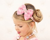 Pink Princess Hair Bow - Pink Satin Rosette Hair Bow w/ Crystal Tiara Headband or Hair Clip - Virginia - Baby Toddler Child Girls Headband