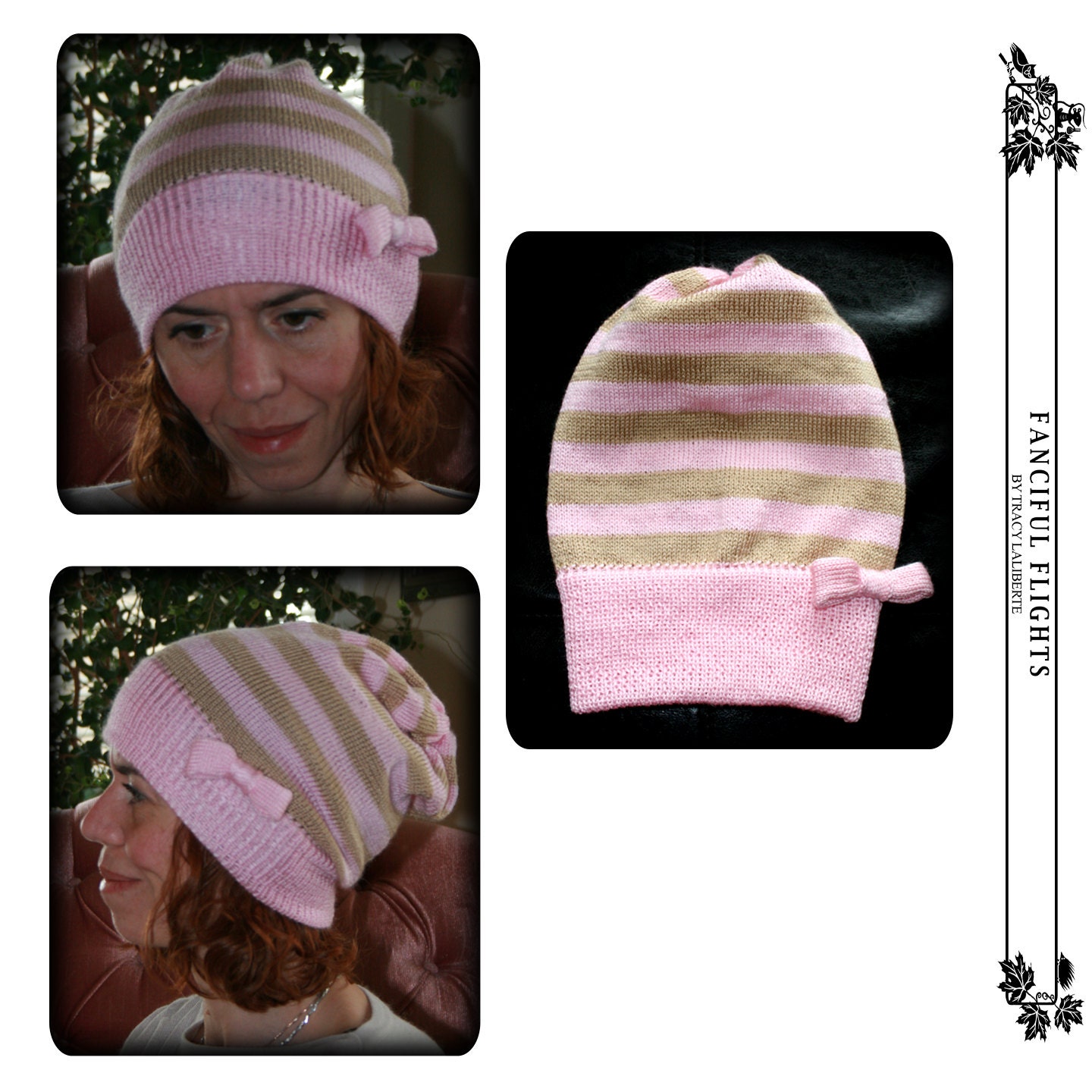 Pink & Tan Slouch Hat with Bow Accent
