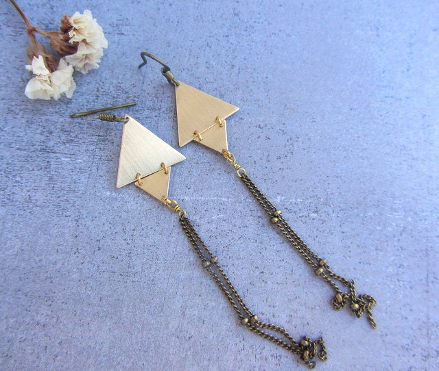 Gold brass triangle long dangle earrings with fringe ball chain, geometric jewelry.