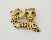 Vintage Gold Tone Leopard Brooch with Black Enamel Spots and Black Rhinestone Eyes / Spotted Jaguar Pin, Cheetah Cat Feline