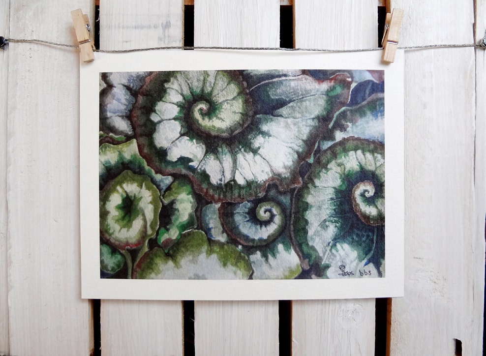 green leaf, watercolor art print, spiral plant painting