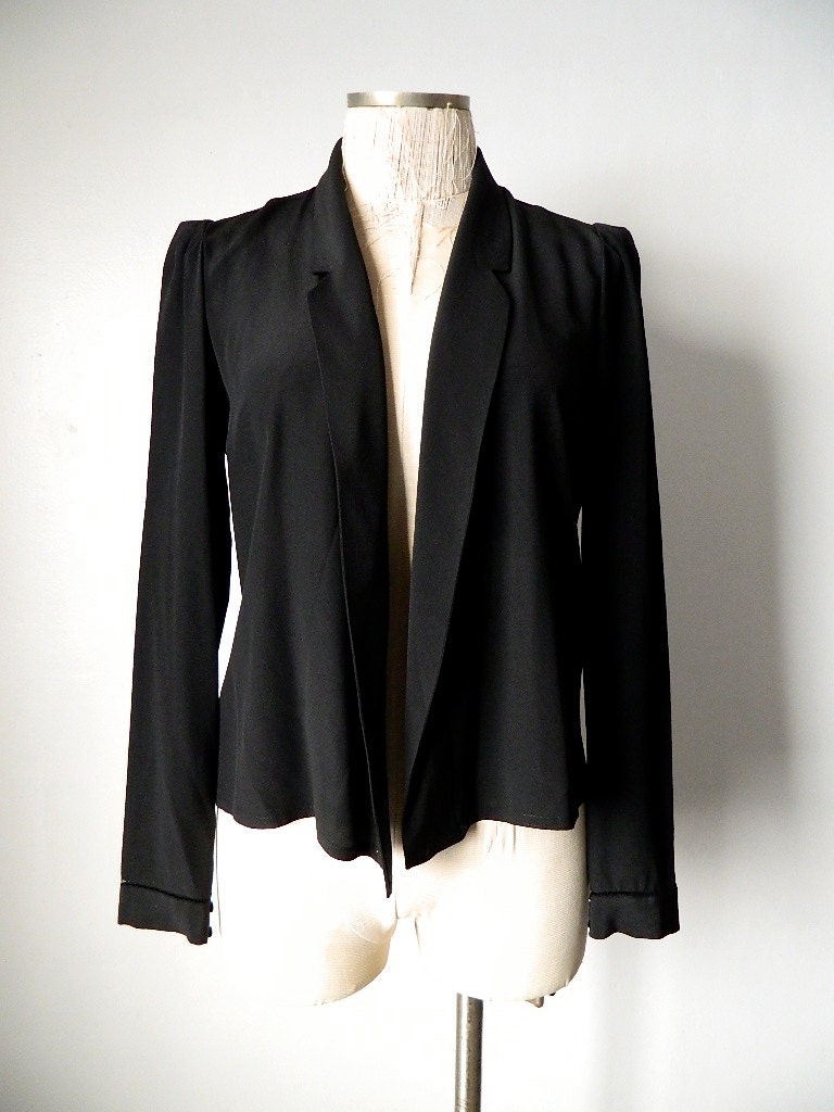 Authentic CHLOE Blazer Silk Open Front Shawl Blouse Lightweight Black Vintage 1980 Made in France