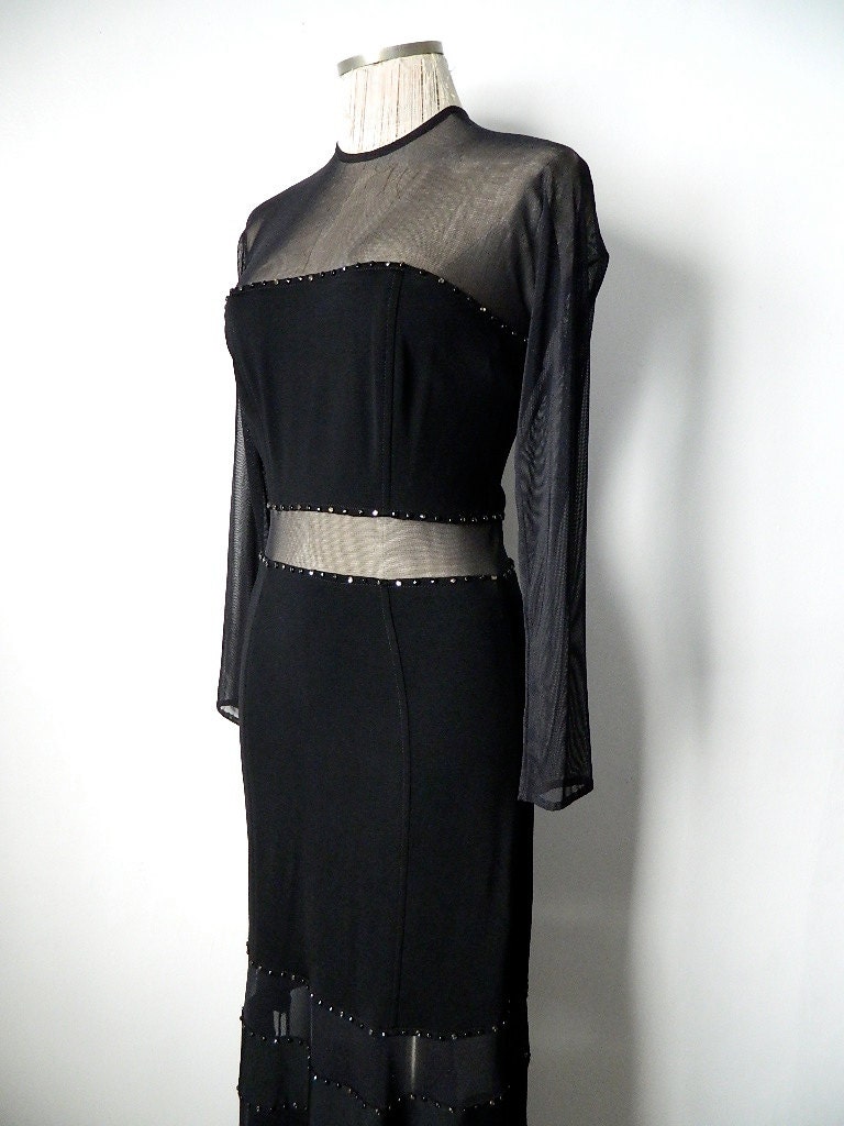 Vintage Tadashi Sheer Cut Out Horizontal Dress Rhinestone Gems Maxi Dress Soft 1980s