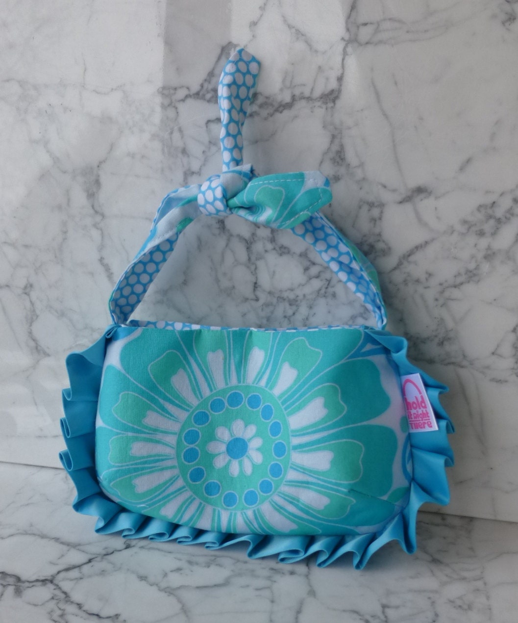 ADELPHI GIRLS PURSE - in Jennifer Paganelli's Queen Street cotton fabrics - Knotted Tie Strap - Turquoise Satin Ruffle