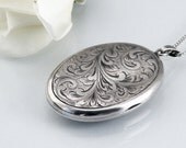 Vintage Sterling Silver Locket, Engraved Oval Locket / Hallmarked Silver  - 22 inch Long Chain