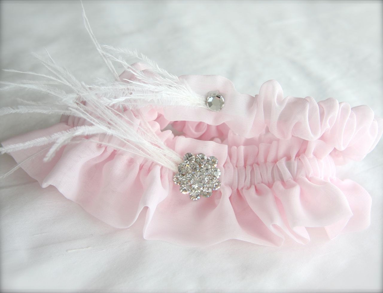 Blush Pink Garter Set, Feathers, Crystals, Ethereal Organza Keepsake Garter and Toss Garter, pink, white, ivory, feathers bridal garters