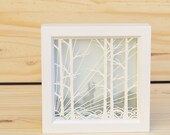 birches . 5 x 5 . cut paper shadow box . stag, deer, birch trees, forest