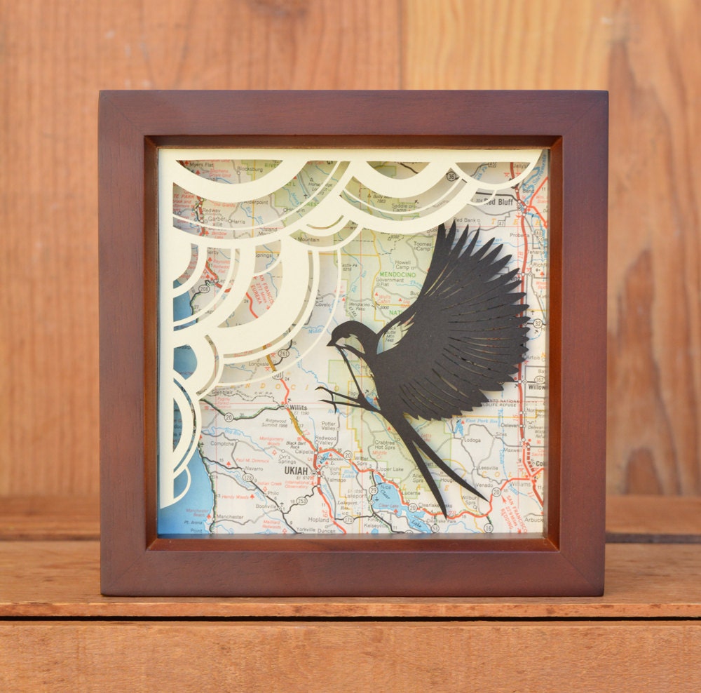 flying barn swallow . 5 x 5 cut paper shadow box . hand cut