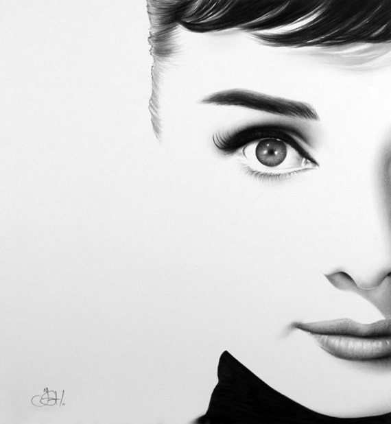 Audrey Hepburn  Fine Art Print Pencil Drawing Portrait Classic Hollywood Vintage Glamour Beauty Hand Signed by the Artist