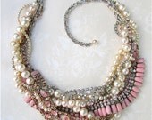 Pink Rhinestone Pearl Bib Necklace Bridal Statement For Vintage Wedding Necklace (Tomm Binns Inspired)