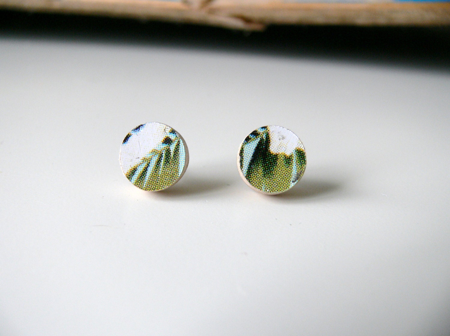 Small Wood Stud Post Earrings made from Recycled Skateboard Green Tropical Leaves