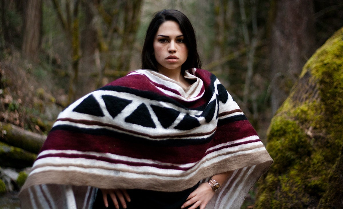 Native American inspired felted scarf, tribal style shawl in cranberry, OOAK by Parvana
