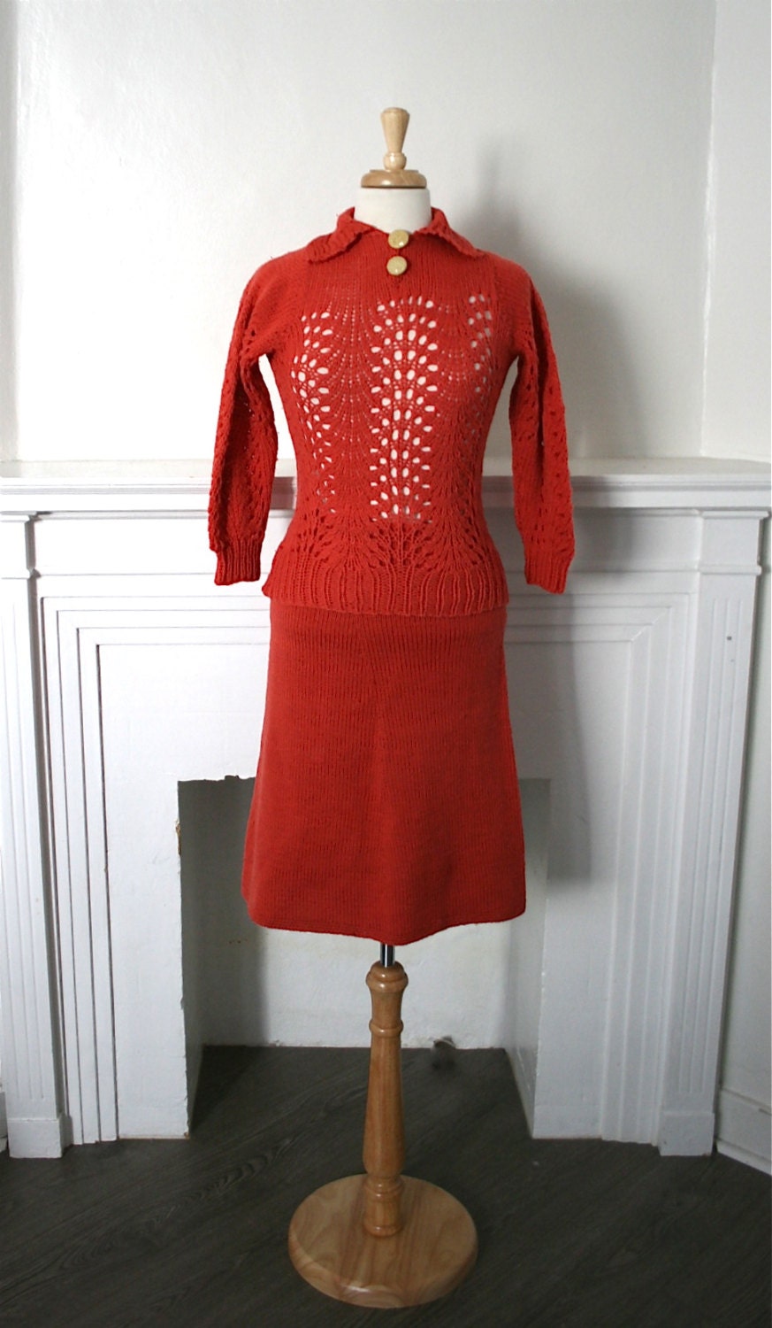 Vintage 1930s Persimmon Orange Knit Sweater Skirt /Two Piece Dress Set