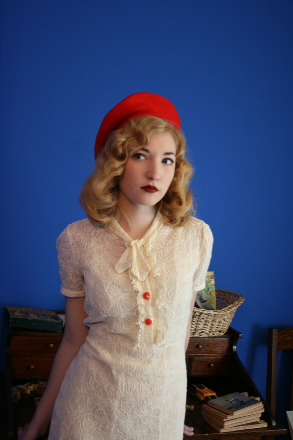 Vintage 1930s Ivory & Cherry Red Lacey Ruffle Front Dress