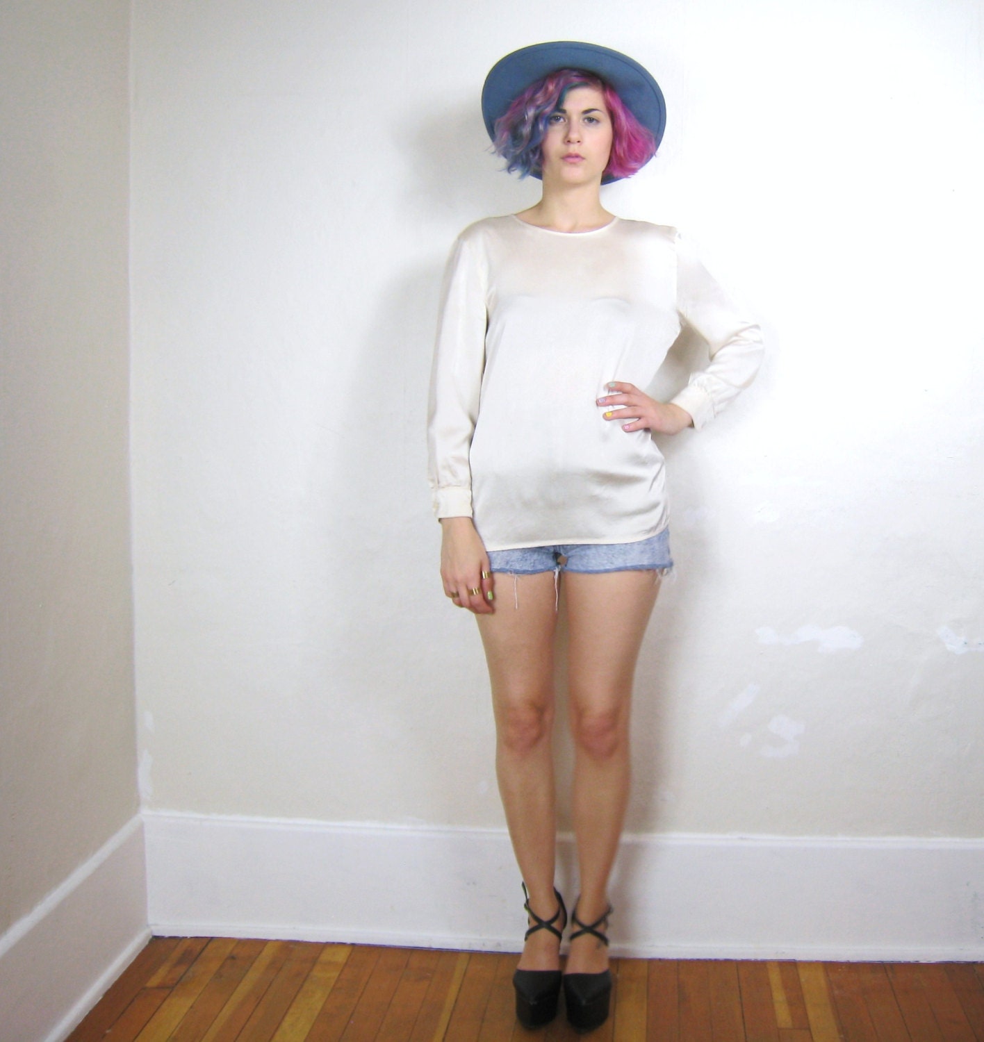 80s Minimal Jaeger Cream Silk Blouse (S)
