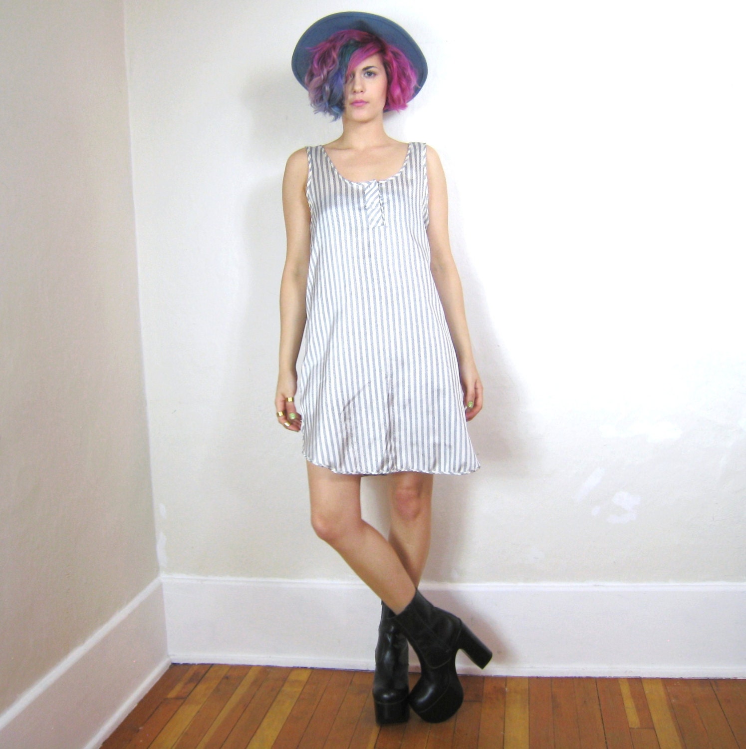 80s Pinstripe Satin Slip Nightwear Dress (S/M)