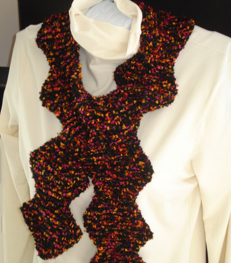 Hand Knit Geometric Black Scarf  With Bright Multicolored  Confetti-like Accents