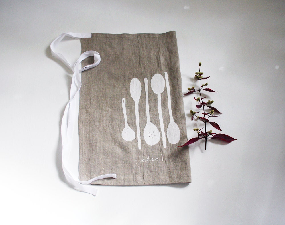Natural Linen Apron. Hostess Apron. Stir Kitchen Spoons. White. Flax. Hand Screen Printed. Wedding Gift.