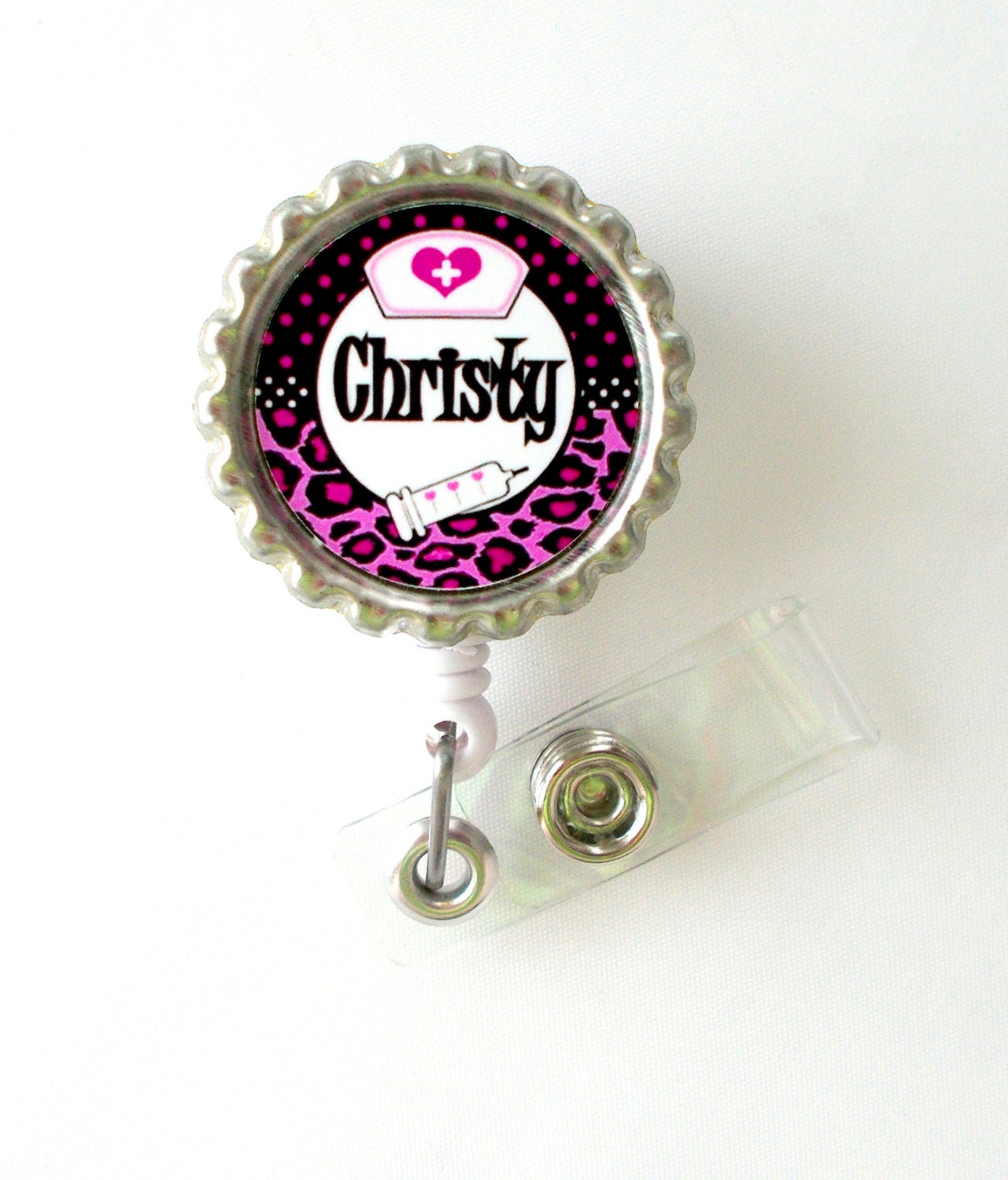Personalized Leopard Pink - ID Badge Holder - Badge Reel - Name Badge Holder - Bottle Cap Badge - Nursing Badge - Nurse Badge Holder