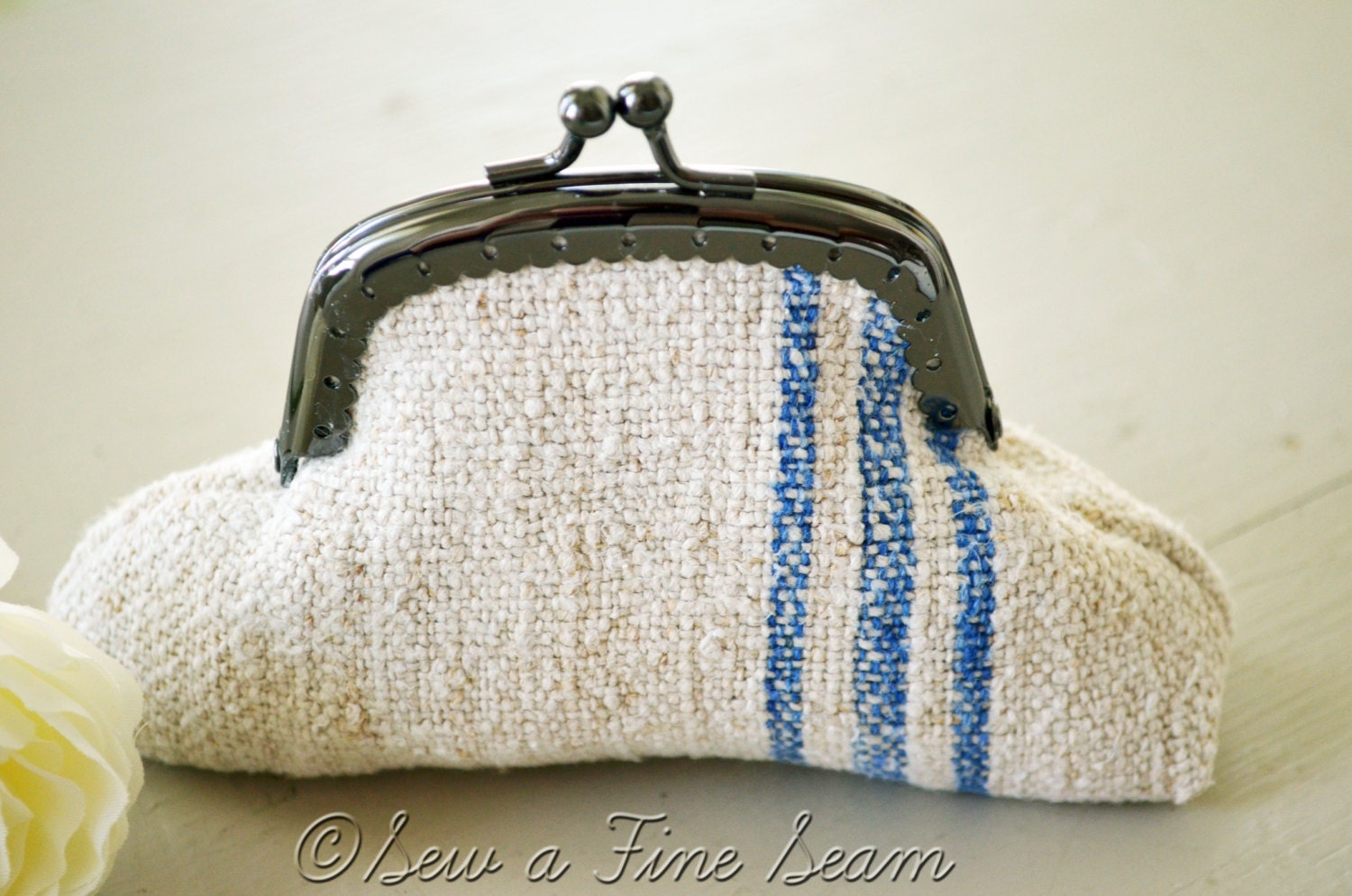Grain Sack Coin Purse Blue Stripes Metal clasp