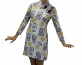 SALE - Silver Lame Vintage Dress w Asian Symbols 1970s Mini