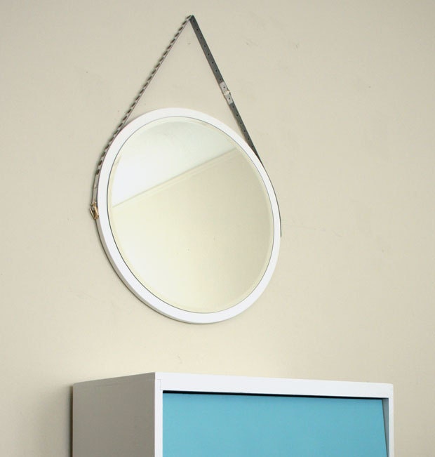 Round Mirror. Mid-century Modern Mirror. Danish Mirror. Vintage Leather Mirror. 24" x 24". White Mirror.