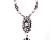 Wedding Bouquet Memorial Photo Oval Metal Charm Old World Silver Crystal Gems Pearls Tibetan Beads - FREE SHIPPING