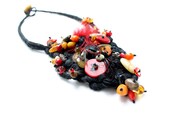 Bib Fiber Art Necklace Freeform Black Red Burgundy Orange Statement Textile Jewelry Boho Burlesque Coral Feather Raw Gemstone