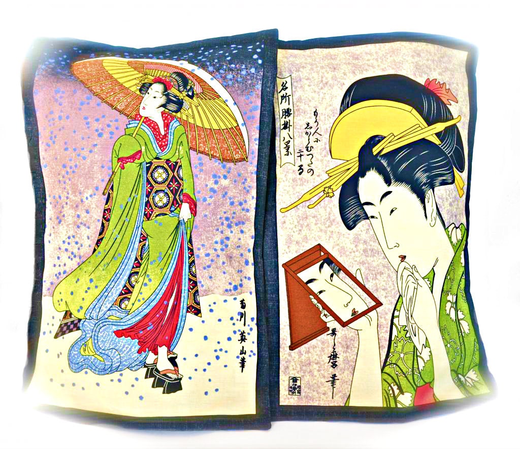 Oriental Geisha Pillow Set (2) - Feng Shui Tea Room Home Decor Gift Asian Zen Kimono Ornate Vanity Mirror Parasol Rain Design Print Pillows