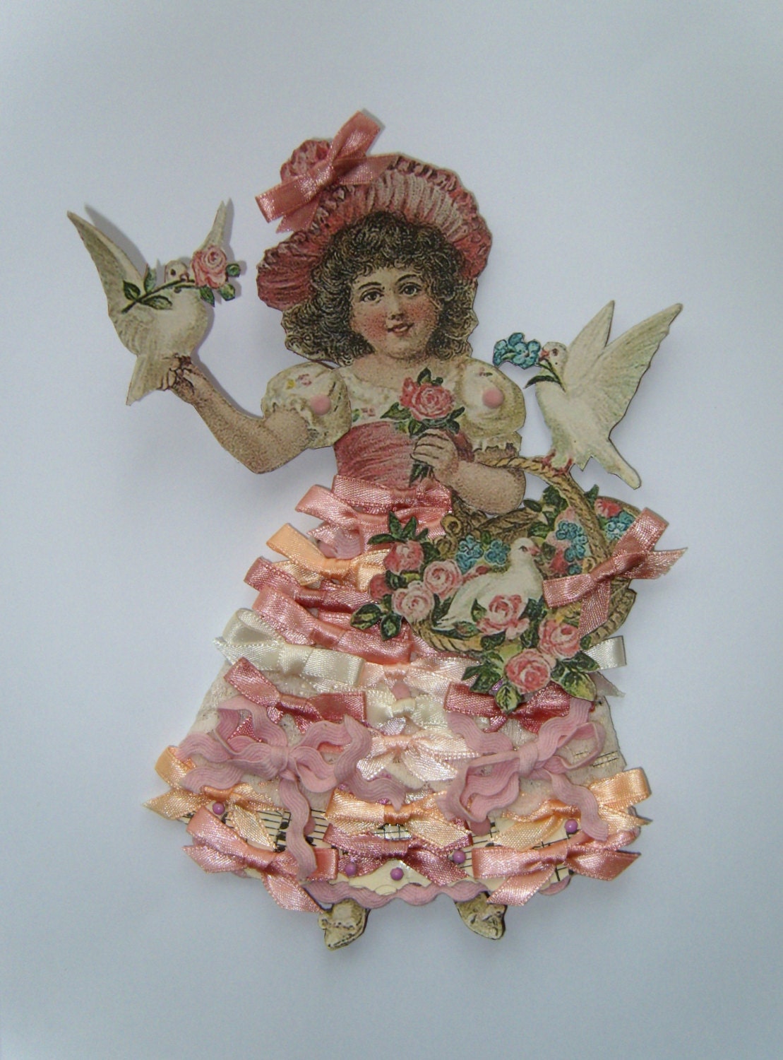 Paper Art Doll,Victorian Style Girl wth doves,flowers and bows