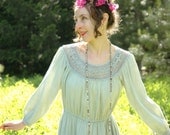 1970s Cotton Boho Dress.... Crochet Neckline... Hand Dyed... LADY of the SAGE (m)
