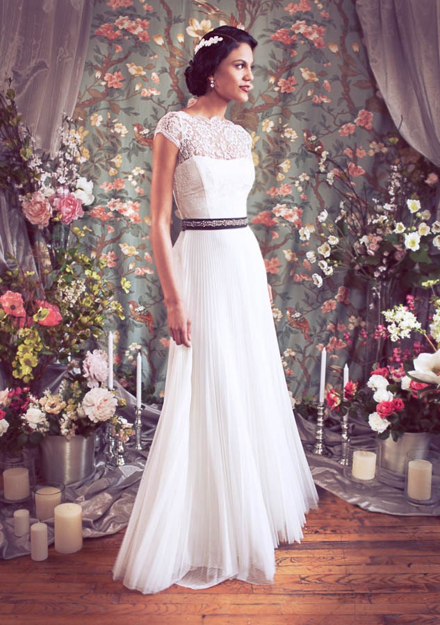 Old Hollywood Cap Sleeve High Bateau Neckline French Lace Pleated Tulle Wedding Gown, Bustier, The "Julie-Kate" By Schone
