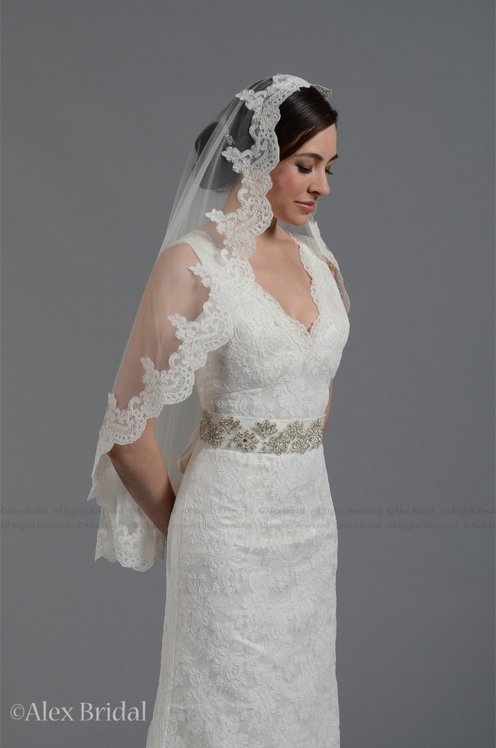 wedding bridal lace mantilla veil 50x50 fingertip length alencon lace - white and ivory