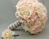Bridal Bouquet Roses Ranunculus in Blush Pink with Groom's Boutonniere - Natural Touch Garden Roses and Silk Ranunculus in Pink