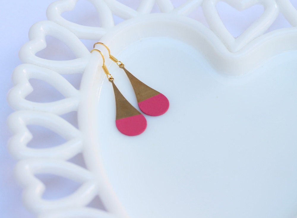 Fuchsia Color Dipped Rounded Brass Dangle Earrings