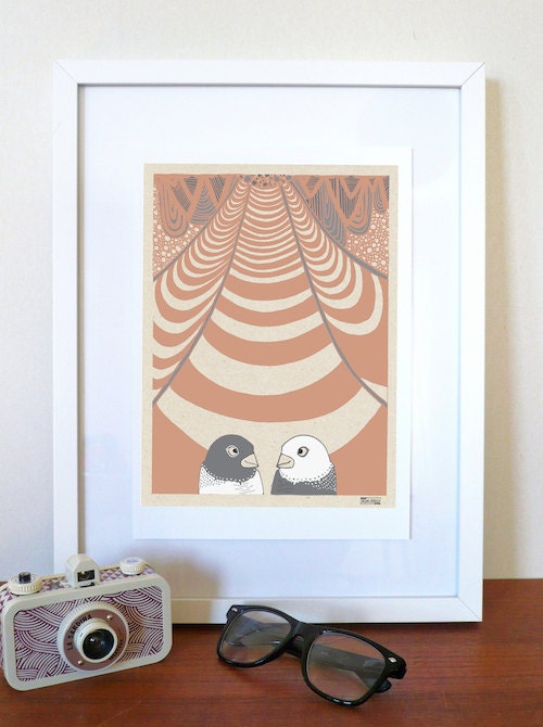 Love Birds Wedding - Whimiscal Art Illustration Print Tangerine 6x8'