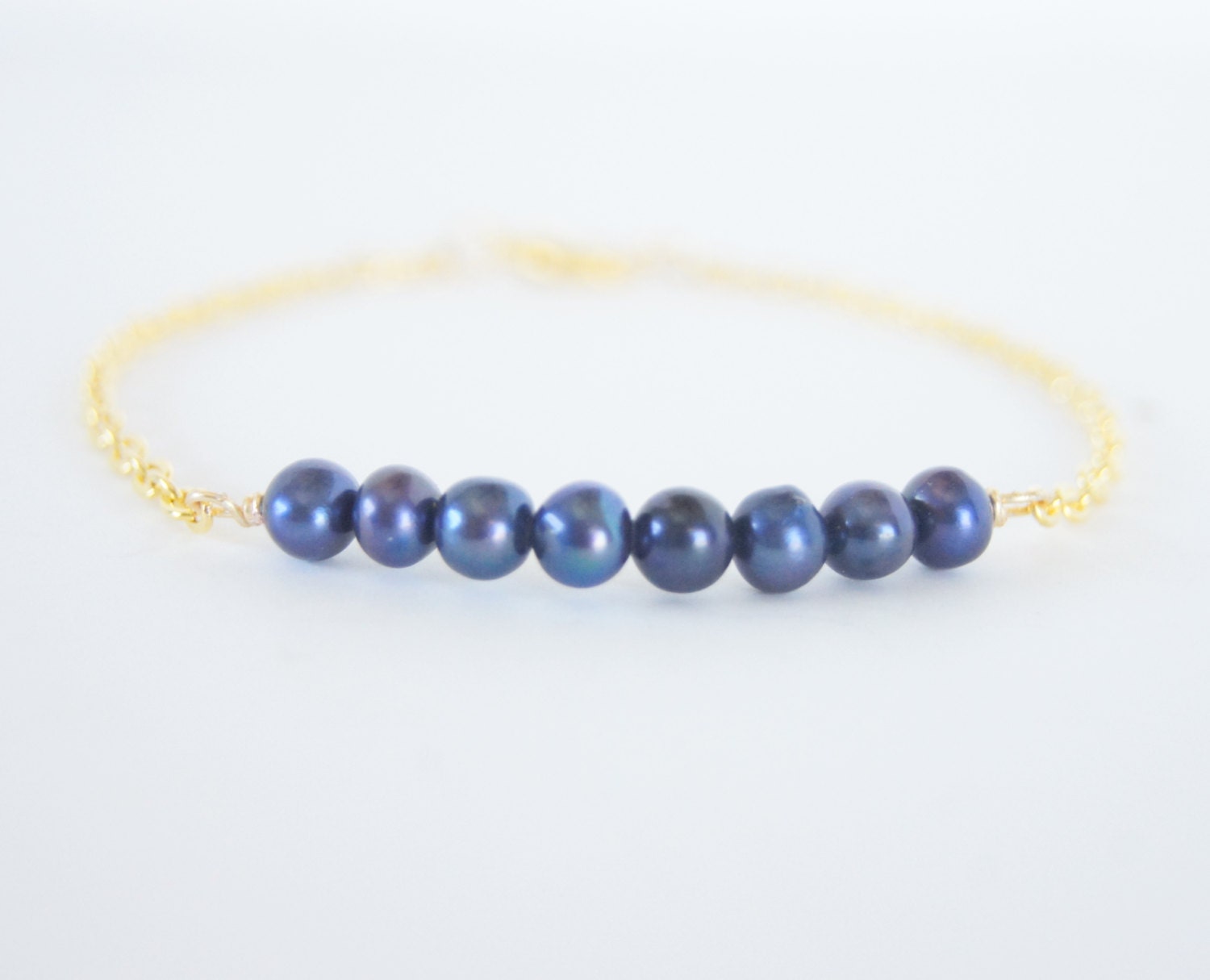 Navy Freshwater Pearls Gold Plated Chain Dainty Bracelet