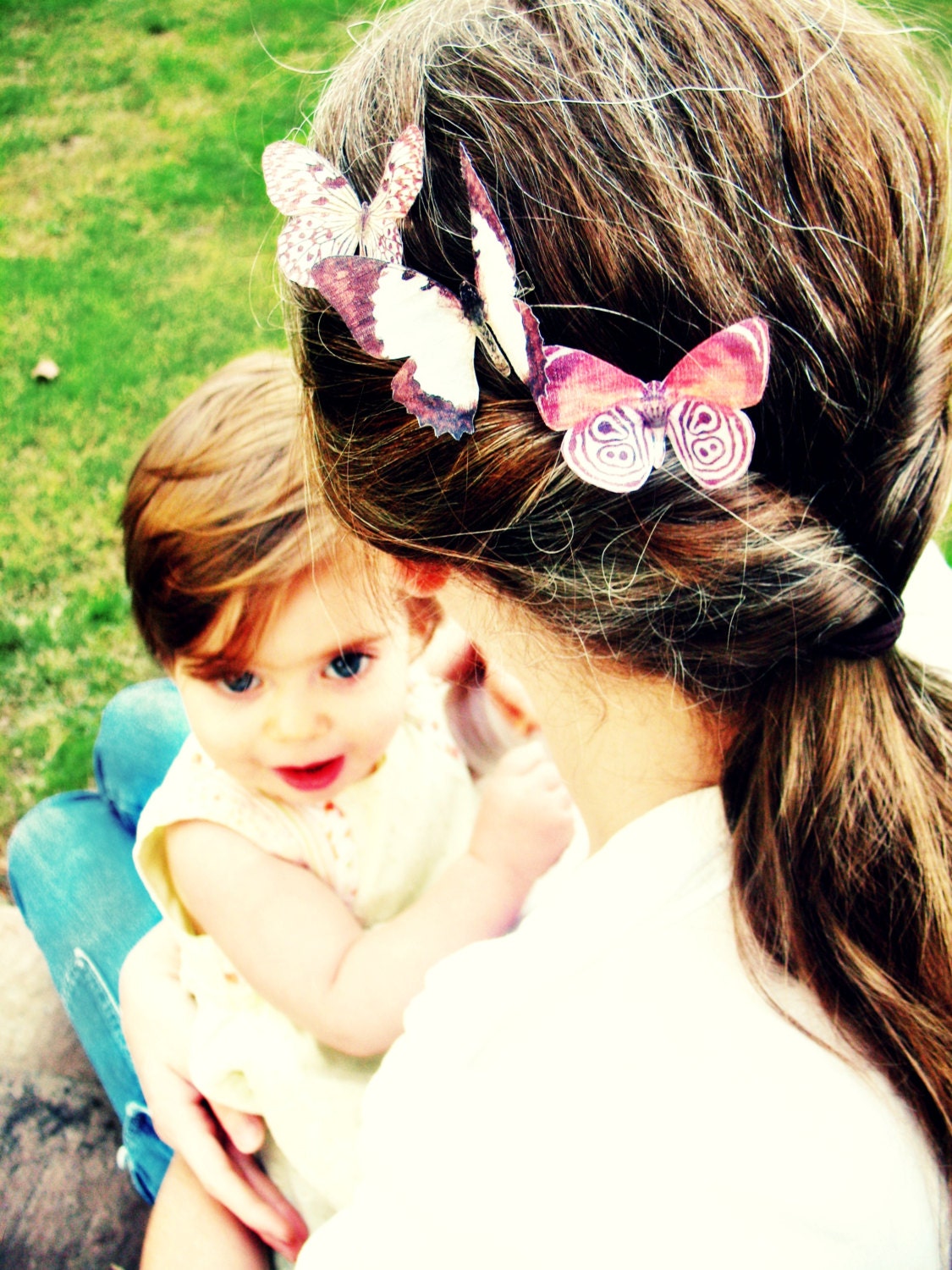 THREE handmade silk butterfly hair clips . the butterfly house . your choice . whimsical and enchanting