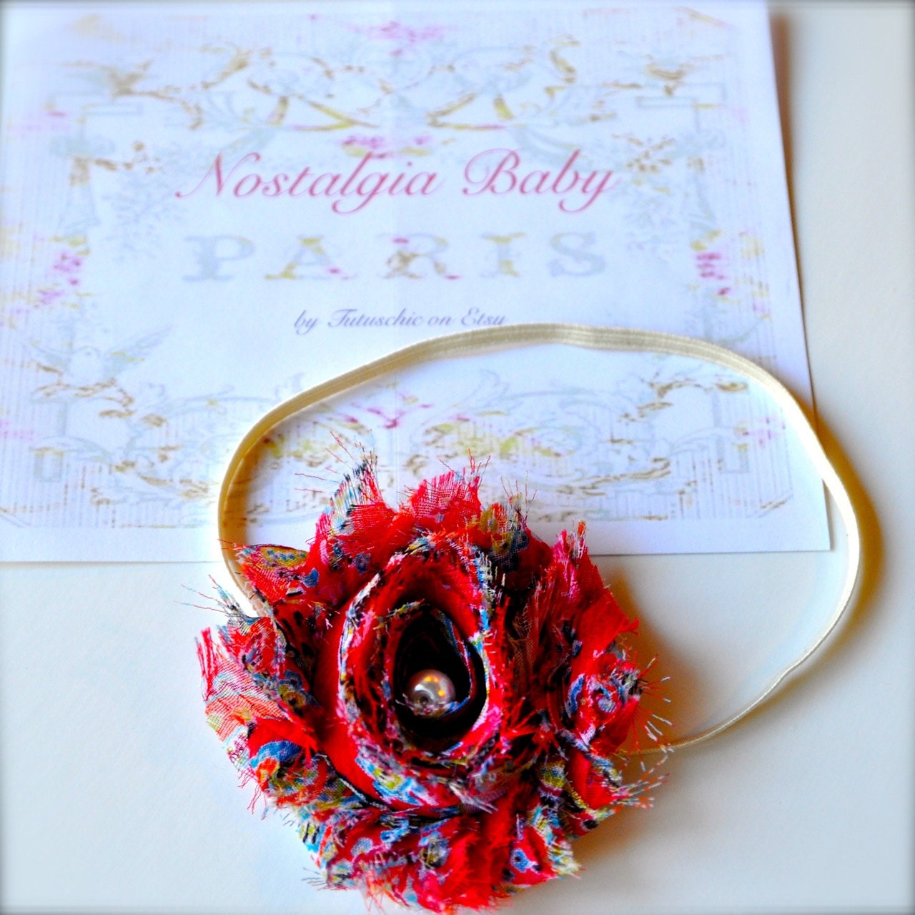 Red baby headband shabby blossom and pearl on elastic band. Royal blue, navy, burgundy, print, stripe, white, ivory, black 50 colors.