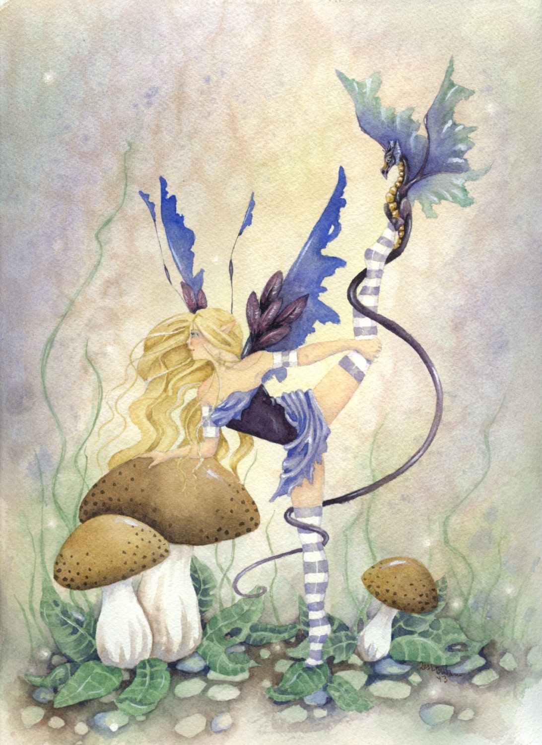 Fairy Art Original Watercolor Painting - 9x12 - Grace and Her Dragon - Fantasy. pretty. girl. purple. lavender. ultramarine blue. whimsical.