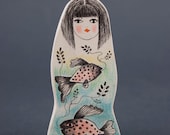 Fish and Little Girl Handmade Clay Brooch- FREE SHIPPING